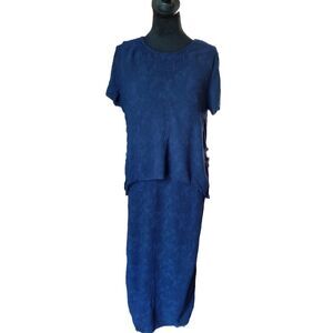 Forever Caroline Women's 16 Navy Blue Jacquard Bodycon Midi Dress, Vtg